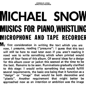 Michael Snow - Music For Piano, Whistling, Microphone And Tape Recorder (2 vinyl LP)